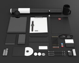 Set of blank stationery for branding identity on black background. 