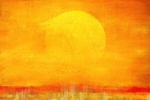 A painting of a sun over an abstract city.