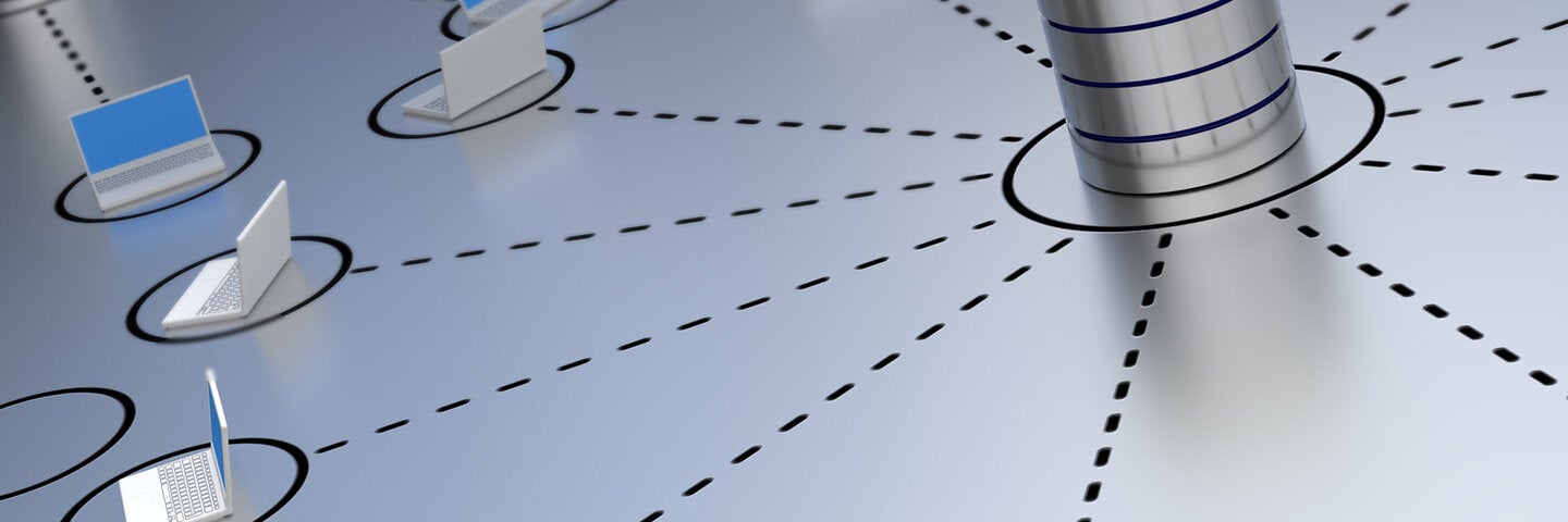 Illustration of SQL database connecting with a network of laptops.