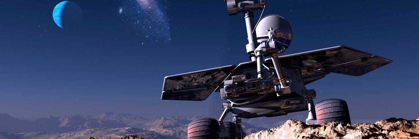 Space transport on the background of the planet.