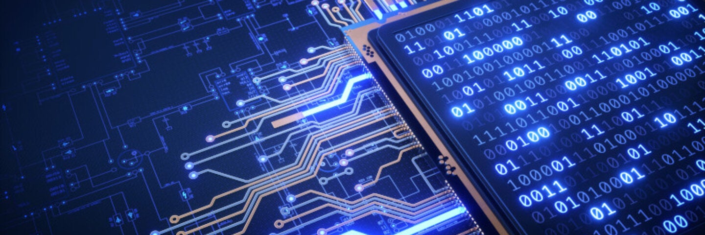 View of a CPU circuitry showing binary numbers