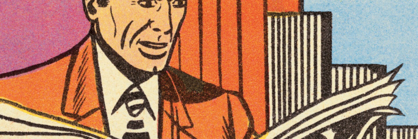 50's style cartoon of a man reading a newspaper